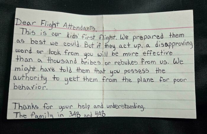 Handwritten note to flight attendants from parents during their kids' first flight, a unique historical memento found by travelers.