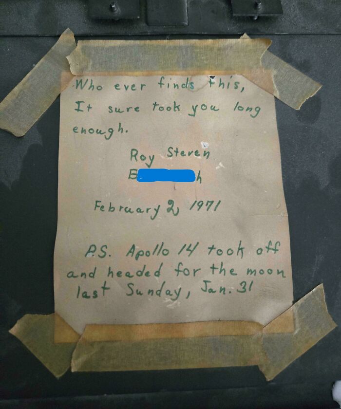 Handwritten historical memento dated 1971 mentioning Apollo 14 mission, taped inside an old container or casing.