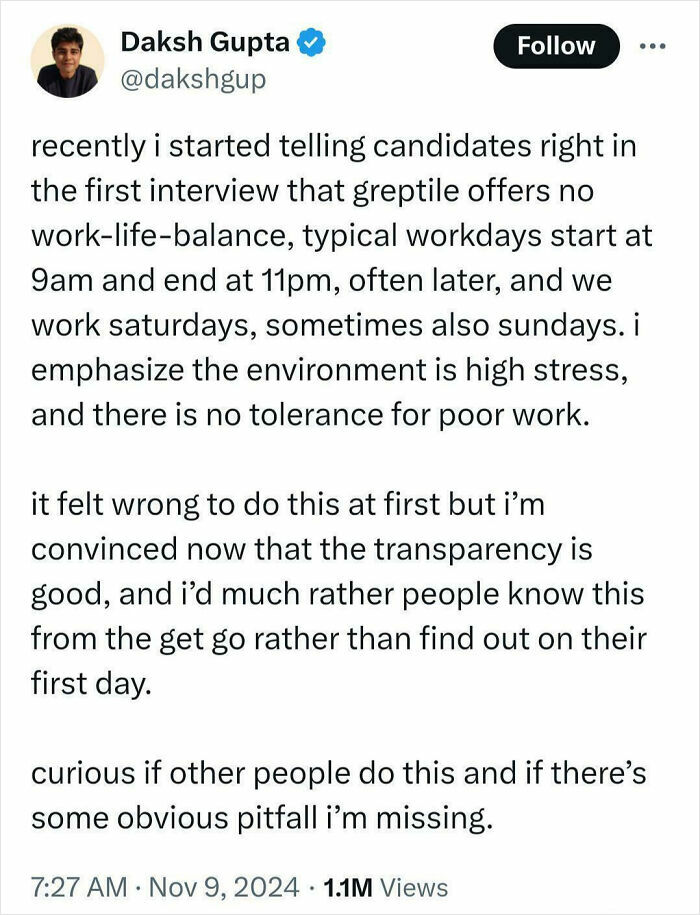 Tweet discussing extreme toxic work environments with no work-life balance, long hours, high stress, and low tolerance for poor work.