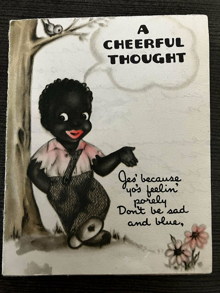 Vintage historical memento postcard showing a cartoon child with cheerful text found among old collectibles.