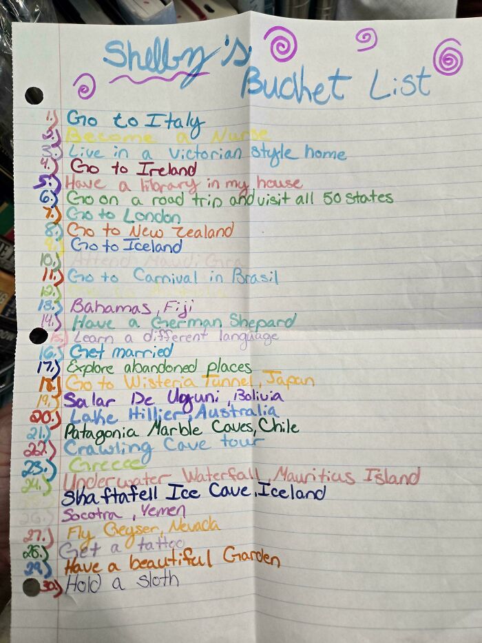 Handwritten colorful bucket list on lined paper, a unique historical memento people randomly found reflecting personal dreams and goals.