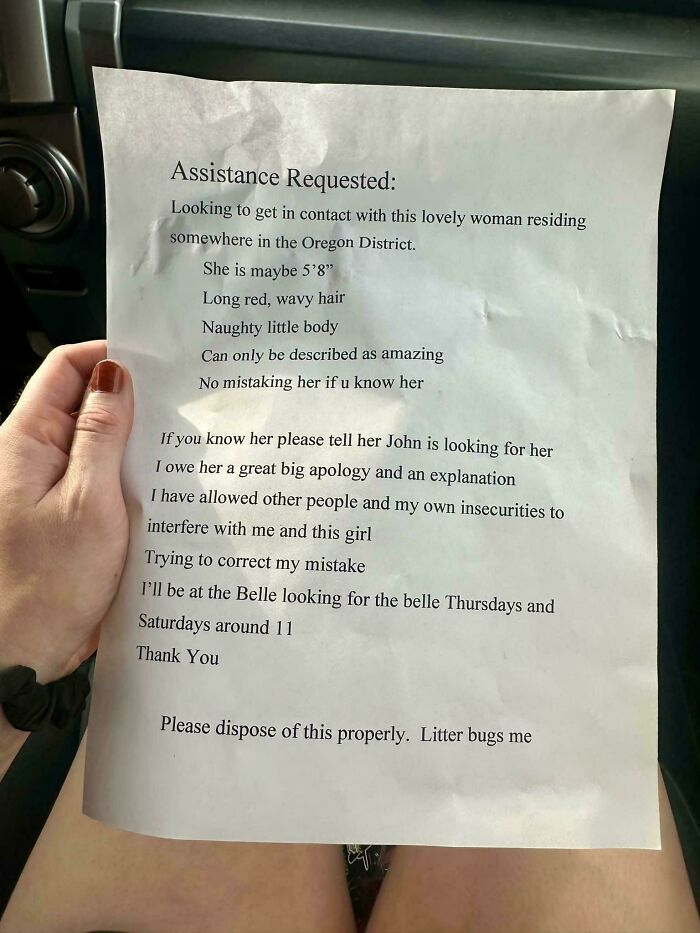 Hand holding a crumpled note seeking a woman, a unique historical memento people randomly found in public.