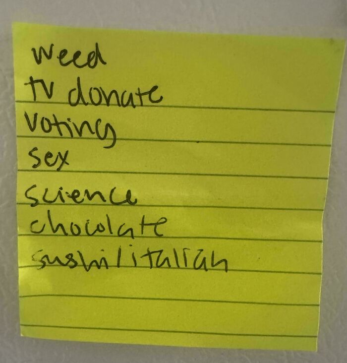 Handwritten yellow sticky note listing words like weed, voting, science, and chocolate, a historical memento people randomly found.