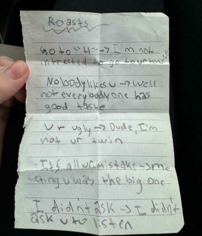 Handwritten note with humorous roasts, an example of historical mementos people randomly found.