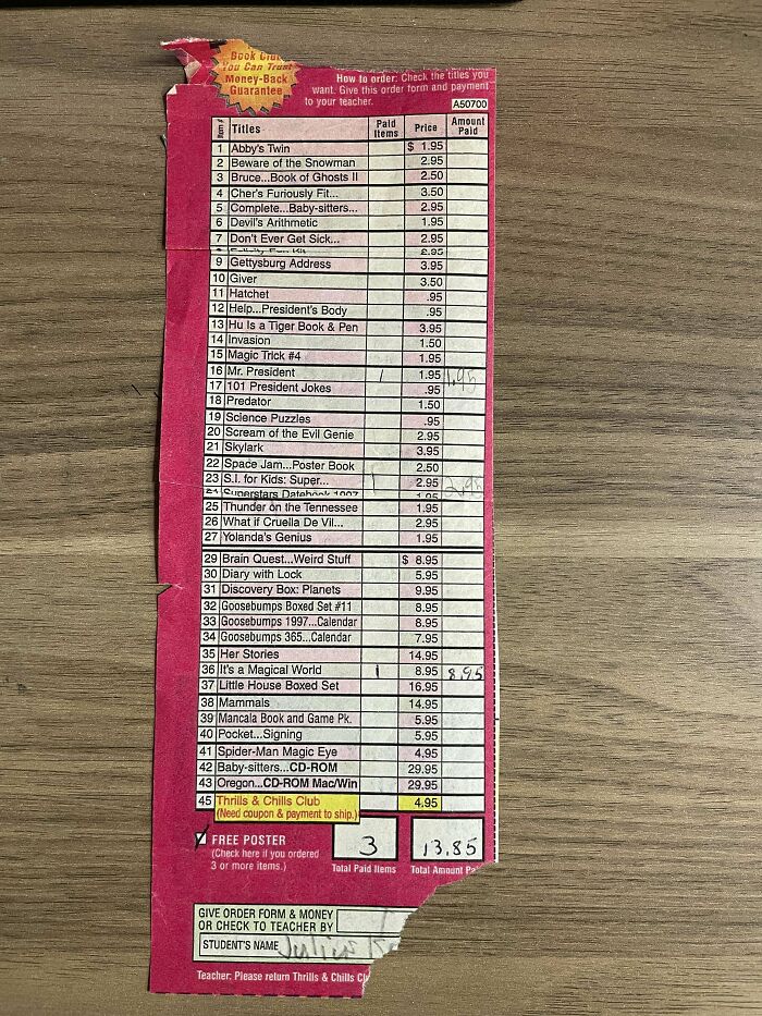 Vintage book order form with handwritten prices and titles, a historical memento people randomly found on a wooden table.