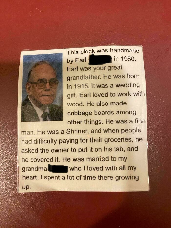 Photo of a historical memento describing a handmade clock by a great grandfather with details about his life and craftsmanship.