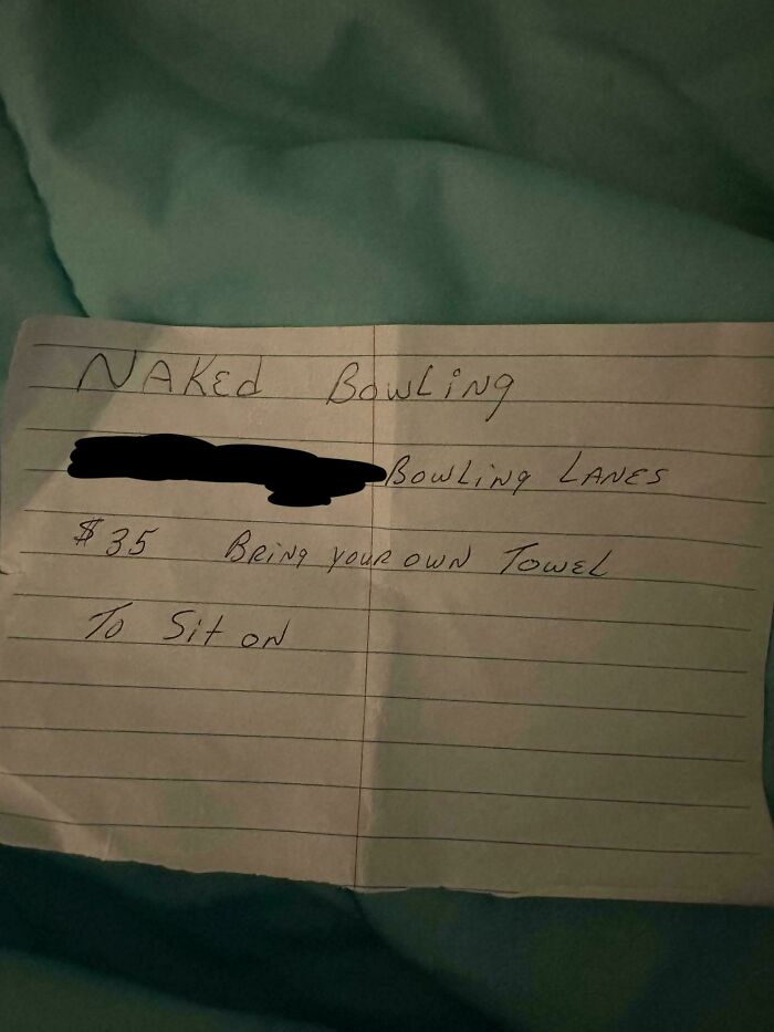 Handwritten note offering naked bowling at bowling lanes for $35, a unique historical memento people randomly found.