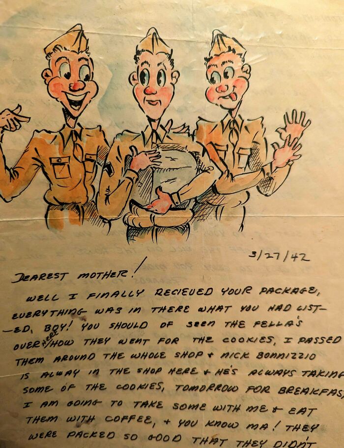Hand-drawn vintage cartoon and handwritten letter, a historical memento people randomly found from 1942.