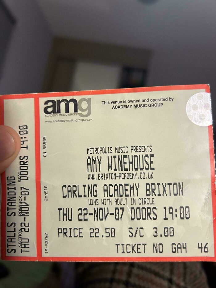 Vintage Amy Winehouse concert ticket held by a hand, a historical memento from a 2007 Brixton Academy show.