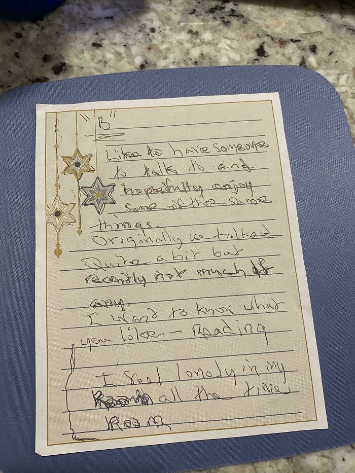 Handwritten historical memento letter found randomly, featuring personal thoughts and ornate star decorations on aged paper.