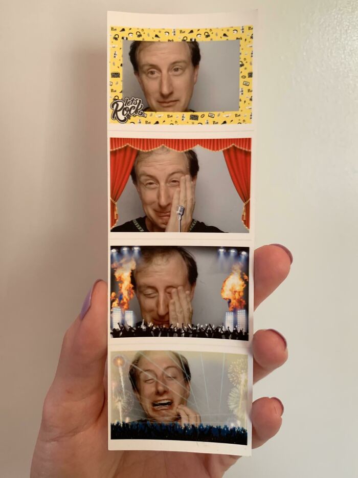 Photo strip of a man making various facial expressions in front of different themed digital backgrounds.