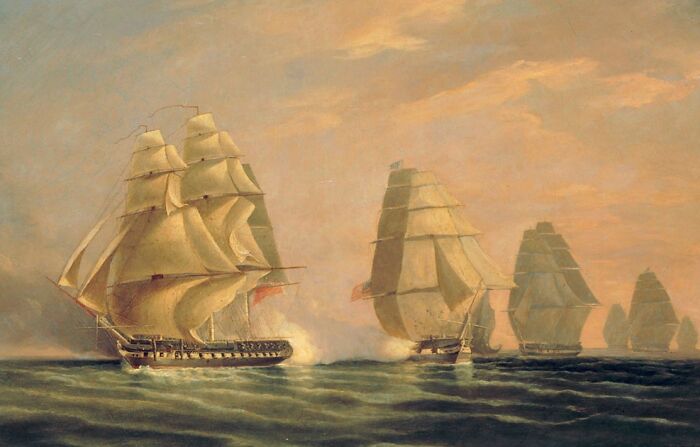 Sailing ships from a historical event on calm sea waters during a sunset, depicting lesser-known historical events.