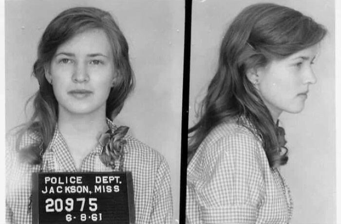 Mugshot photo of a young woman in 1961, illustrating weird things about history from an Instagram account.