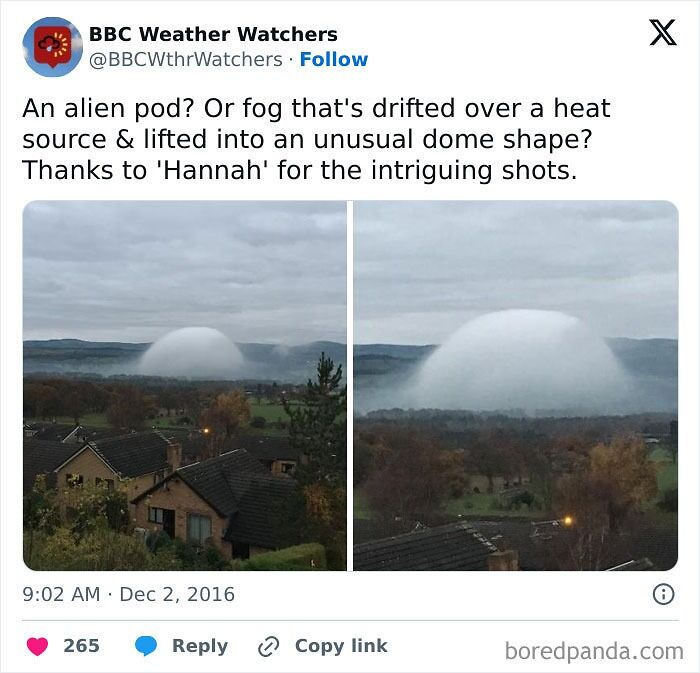 Unreal photographs showing a mysterious dome-shaped fog formation over a rural landscape with houses and trees.