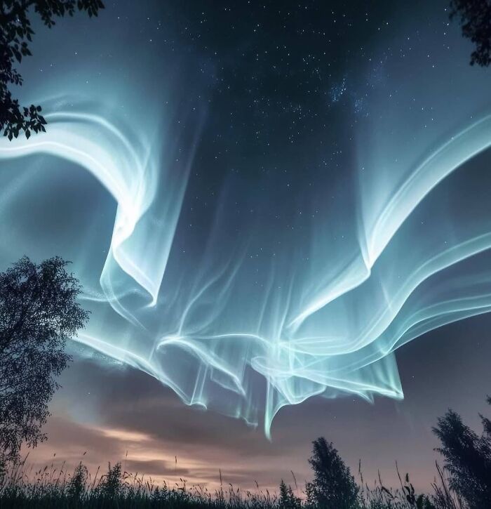 Ethereal light waves glowing over a night sky filled with stars and silhouetted trees in an unreal photograph.