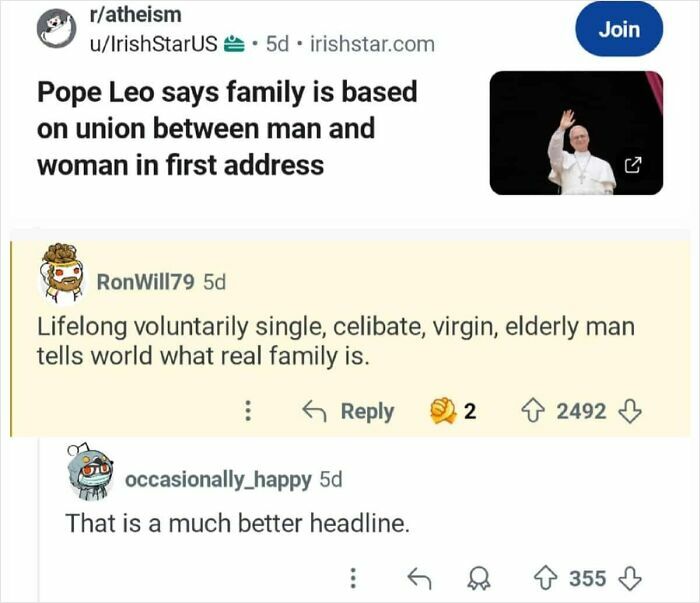 Reddit post shows an epic burn on Pope Leo's statement about family, delivering humor and clever social commentary.