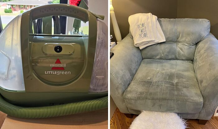 Portable Bissell Little Green carpet cleaner shown next to a stained armchair, demonstrating multi-tasking home cleaning tools.
