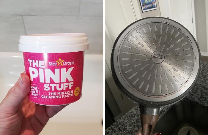 Multi-tasking cleaning paste held next to a non-stick frying pan bottom, showcasing versatile home cleaning tools.