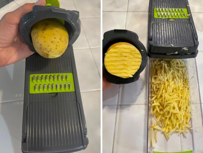 Multi-tasking marvel kitchen slicer grating potatoes with crinkle-cut and shredded results for home cooking.