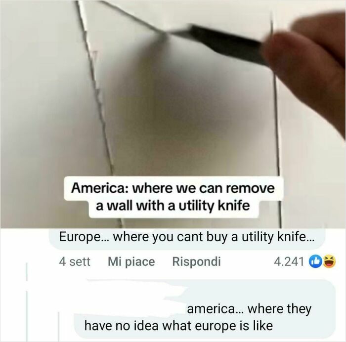 Hand using utility knife to cut a wall with text about America and Europe, highlighting Americans making the world facepalm.