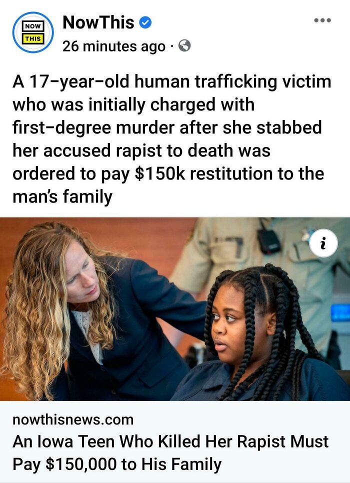 Teen human trafficking victim ordered to pay $150k restitution after defending herself, highlighting trauma in the next generation.