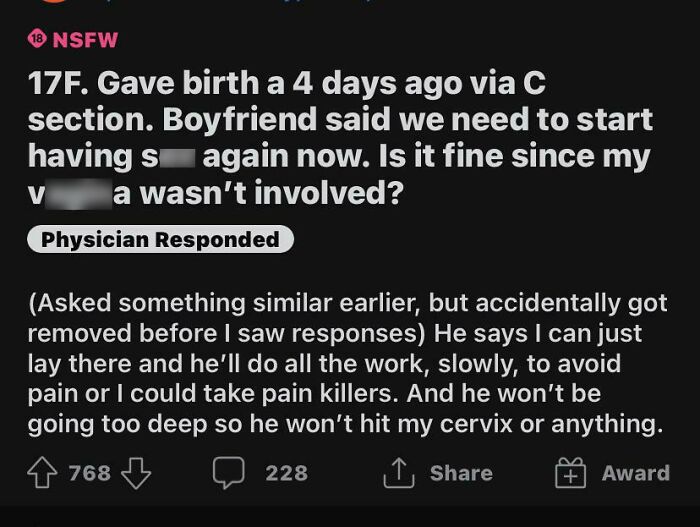 NSFW post about a 17-year-old new mother asking for medical advice, highlighting traumatizing the next generation content.