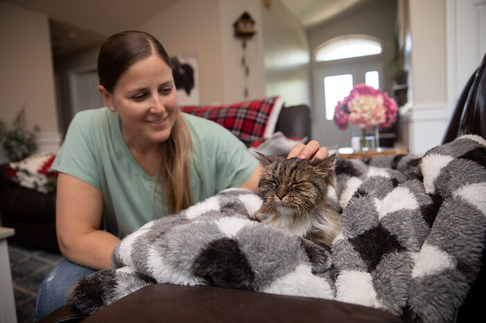 Woman gently petting a newly adopted cat wrapped in a cozy blanket, capturing a wholesome adoption moment.
