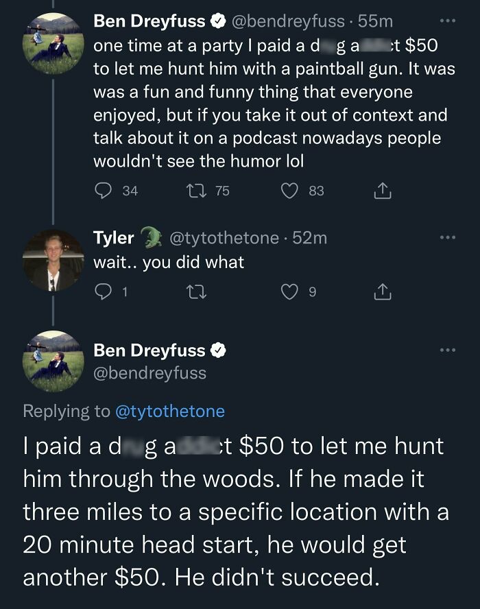 Screenshot of a Twitter conversation about a controversial paintball hunting challenge, illustrating traumatizing generational attitudes.