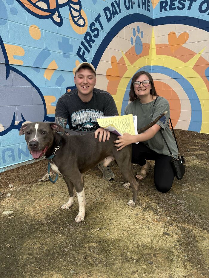 A happy couple adopting a dog, smiling and posing with adoption papers by a colorful mural wall.