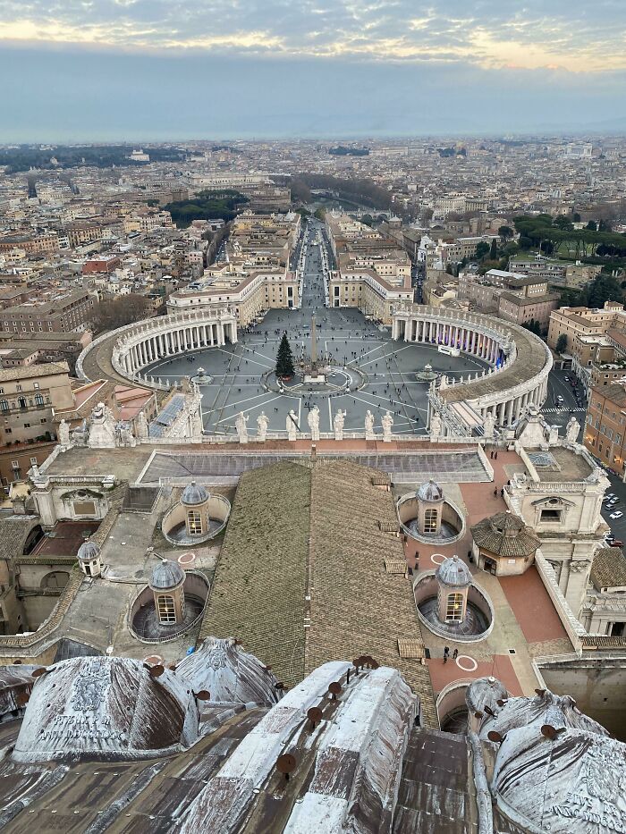 Aerial view of famous landmarks in Rome showcasing unexpected angles and architectural details from above.