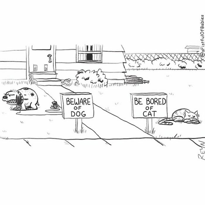 Absurdly funny cartoon showing a dog with a beware sign and a bored cat with a be bored sign in a yard.