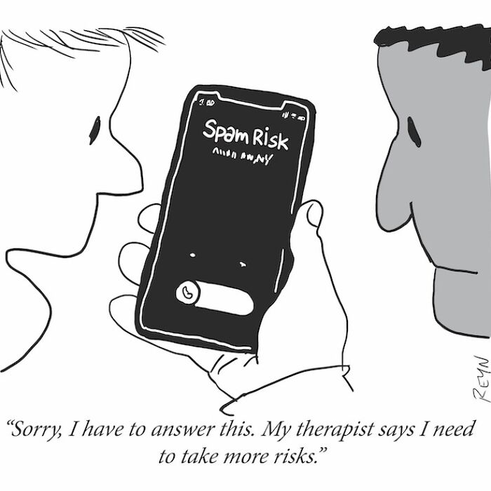 Black and white cartoon showing a person about to answer a phone labeled spam risk, depicting absurdly funny everyday life moments.