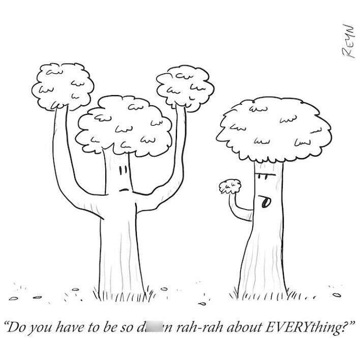 Absurdly funny cartoon of two trees talking, highlighting everyday life humor from an ex-Late Show writer’s perspective.