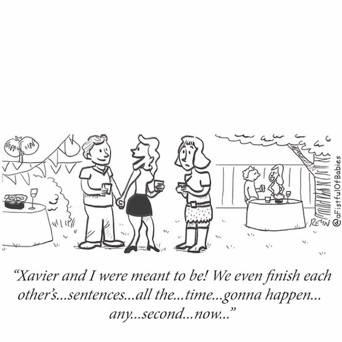 Cartoon depicting everyday life moments turned into absurdly funny scenes by ex-Late Show writer in a social setting.