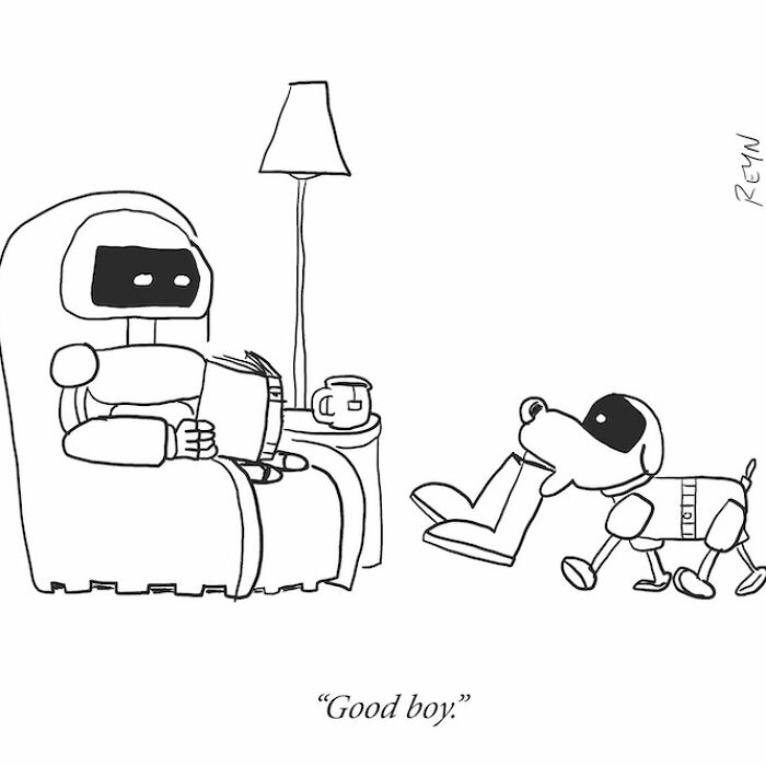 Cartoon of a robot reading in a chair while a robot dog brings a boot, showcasing absurdly funny everyday life humor.