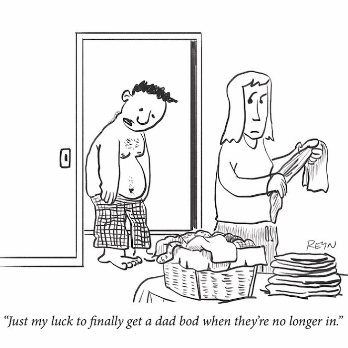 Cartoon of a man with a dad bod looking sad while a woman folds laundry, reflecting everyday life absurd humor.