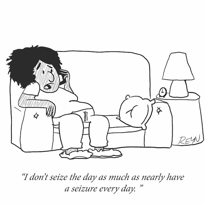 Cartoon of a person on a couch expressing frustration, illustrating absurdly funny everyday life moments in cartoons.