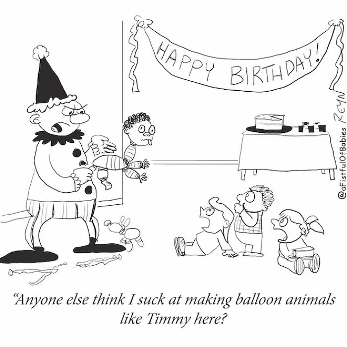 Absurdly funny cartoon of a clown at a birthday party holding a balloon animal that looks like a kid named Timmy.