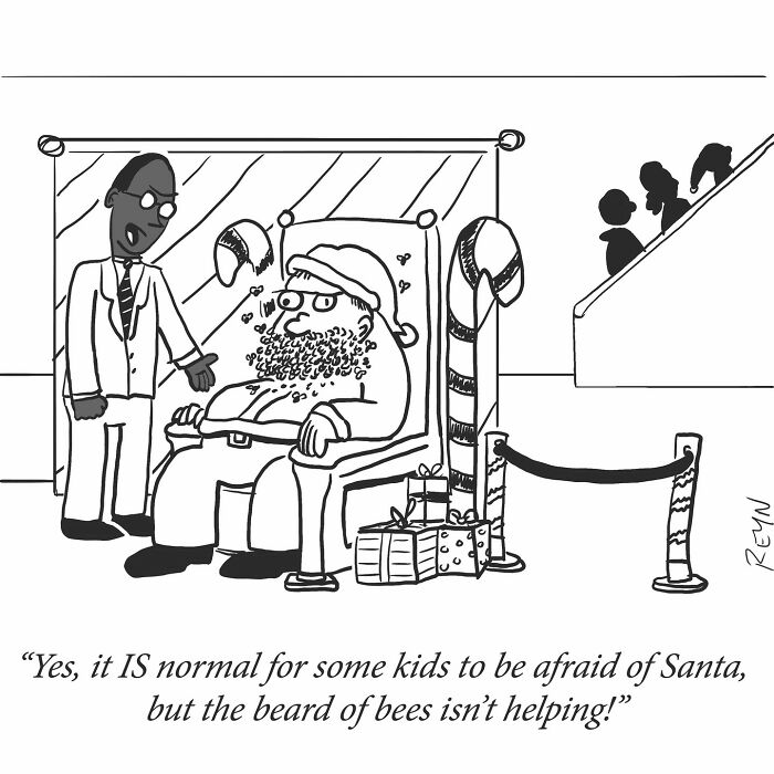 Cartoon by ex-Late Show writer shows a man dressed as Santa with a beard of bees, creating absurdly funny everyday life humor.