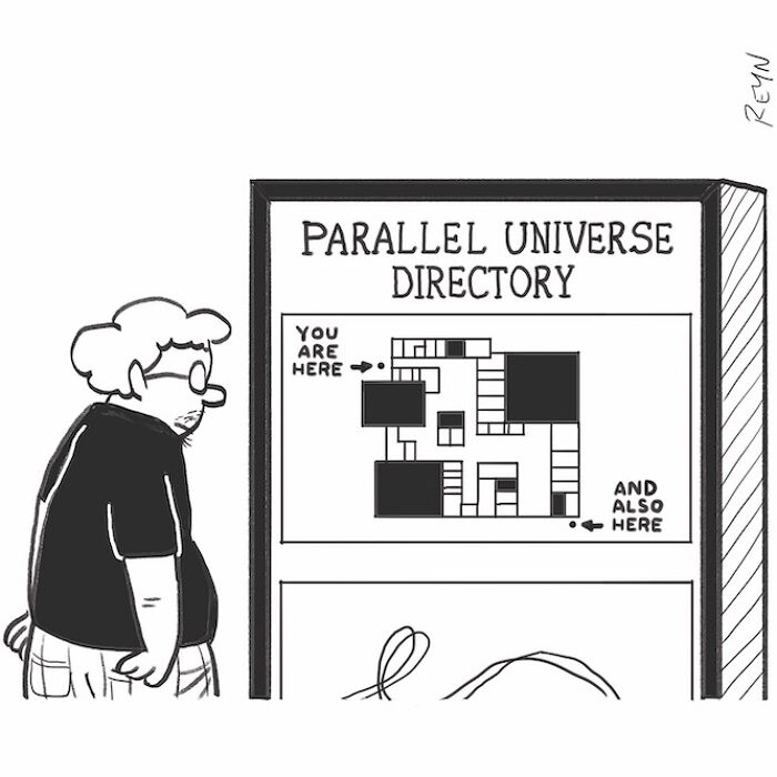 Cartoon by ex-Late Show writer showing a man looking at a parallel universe directory with multiple locations marked.