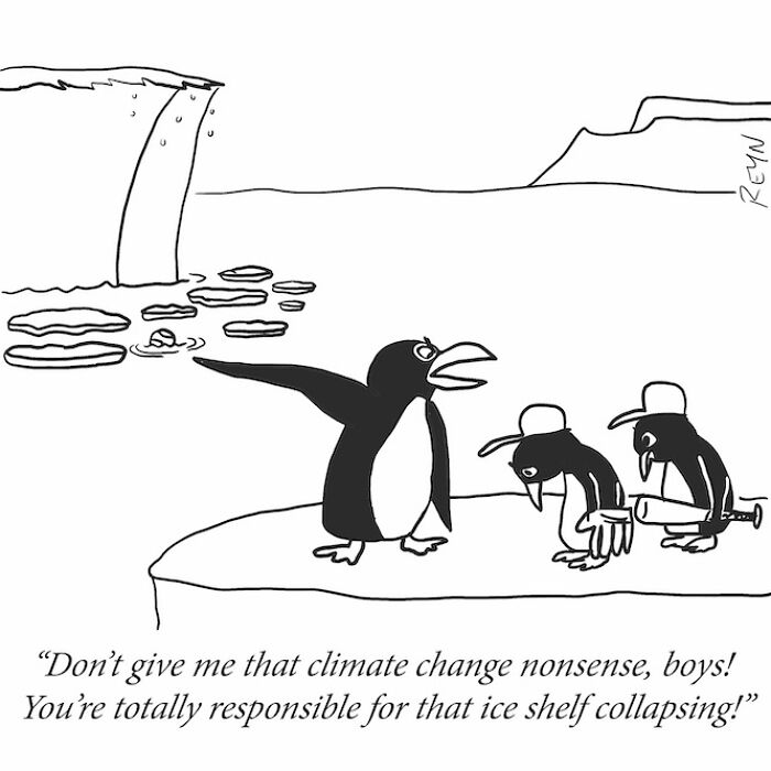 Absurdly funny cartoon shows penguins debating climate change and ice shelf collapse in everyday life humor style.