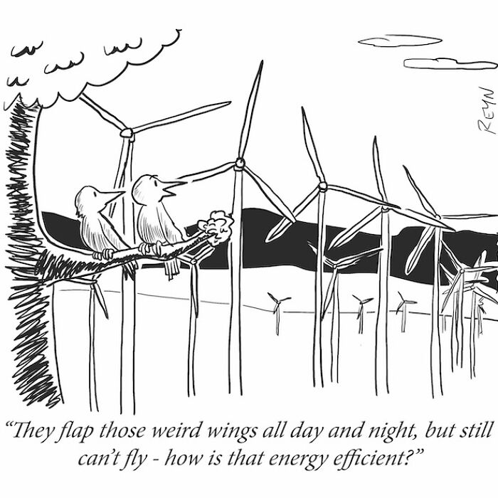 Absurdly funny cartoon shows birds confused by wind turbines flapping wings but unable to fly, illustrating everyday life humor.