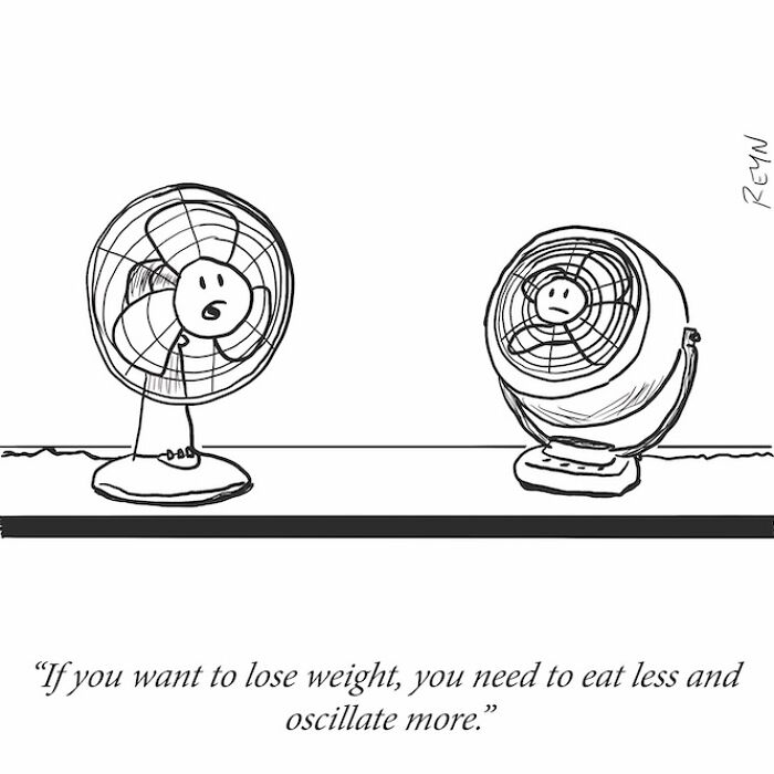 Cartoon of two fans with expressive faces illustrating an absurdly funny take on everyday life and oscillating more.