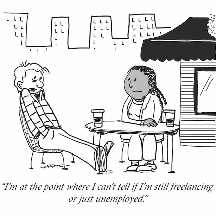 Cartoon by ex-Late Show writer depicting two people talking about freelancing and unemployment humorously.