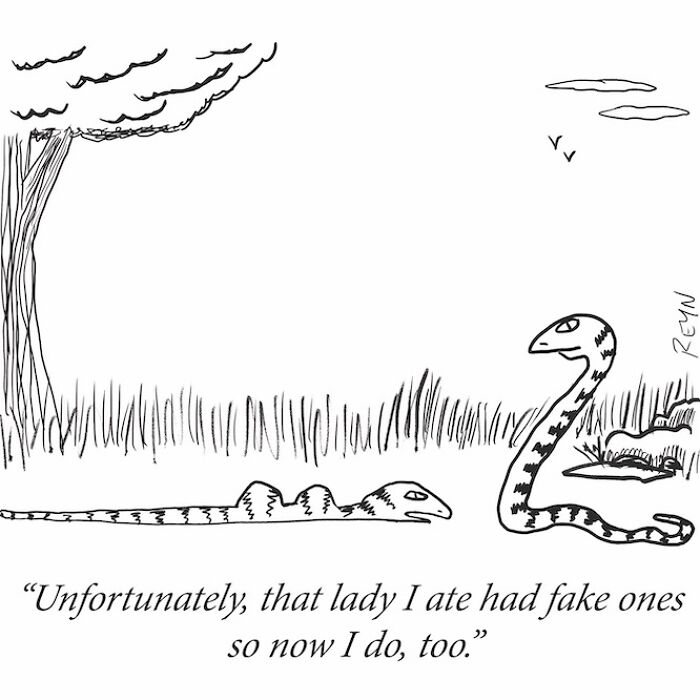 Black and white cartoon of two snakes in grass with humorous caption, illustrating absurdly funny everyday life in cartoons.