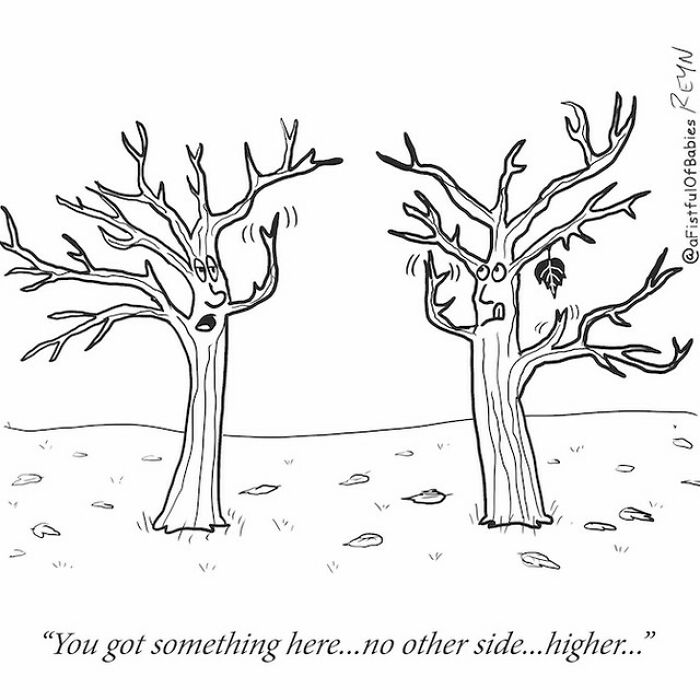 Absurdly funny cartoon of two animated trees talking, turning everyday life into humorous and creative art.