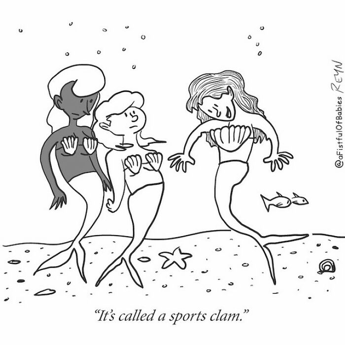 Black and white cartoon of mermaids humorously depicting a sports clam, showcasing absurdly funny everyday life cartoons.