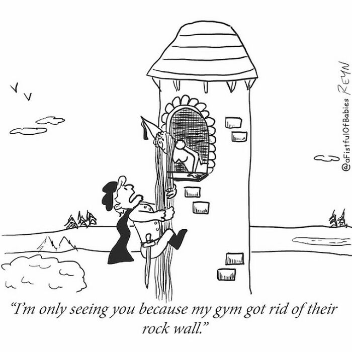 Absurdly funny cartoon showing a knight climbing a tower rope, highlighting everyday life humor by ex-Late Show writer.