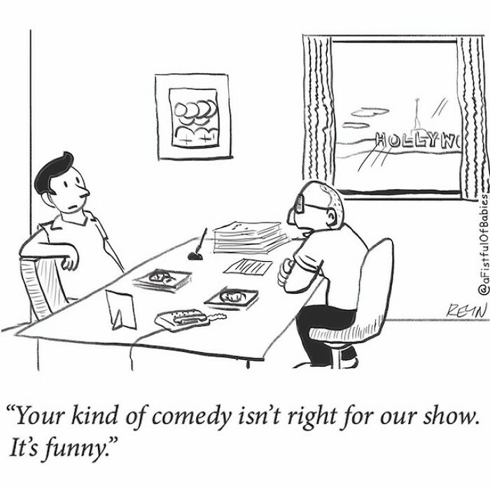 Cartoon showing a writer pitching absurdly funny comedy ideas about everyday life in a Hollywood office setting.
