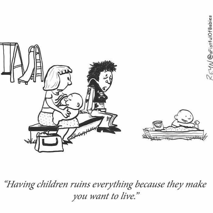 Absurdly funny cartoon showing a tired parent with babies at a playground, capturing everyday life humor.